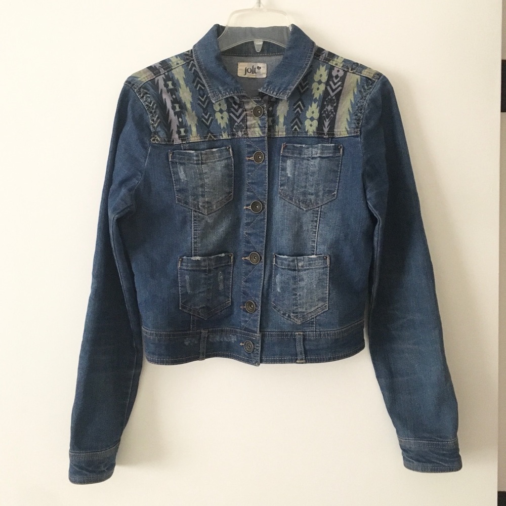 Denim Jacket with Aztec Shoulder Design